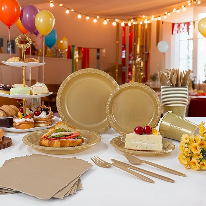 MirthMood 350PCS Gold Plastic Plates,Gold Disposable Plates –Plastic Plates Set Includes 50 Dinner,50 Dessert Plate,50 Cup&50 Napkins, 50 gold Silverware for Wedding& Parties& Birthday