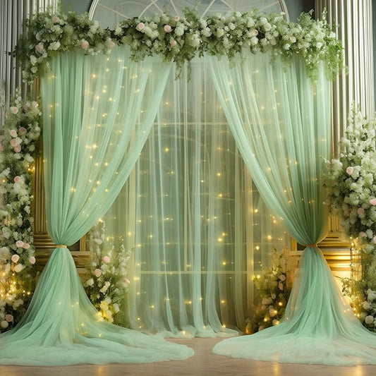 30x10ft Olive Green Tulle Backdrop Curtain with Lights String for Parites, Sheer Photo Backdrop Curtains with Lights for Wedding Backdrop Ceremony Reception Bridal Shower Baby Shower Birthday Party