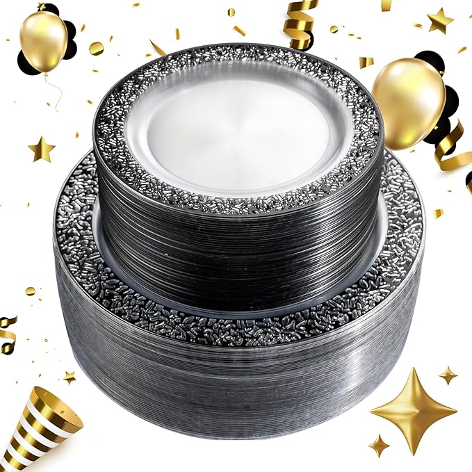 U-QE 100pcs Clear and Black Plastic Plates - Black Plates Disposable for Party - Disposable Plates for Premium Party Supplies Including 50 Dinner Plate 10.25 '' &50 Dessert 7.5 '' Plate