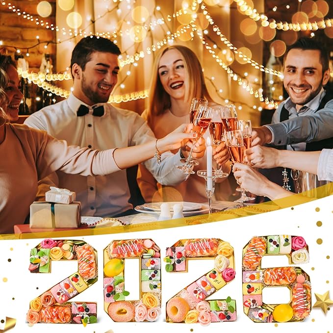 2026 Set Cardboard Number for Charcuterie 10.2'' Gold Fillable Tray Charcuterie Paper Box for Graduation Anniversary Birthday New Year Party Decorations Chocolate Cookies Goodie Cupcake Box