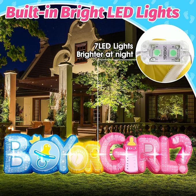 11FT Length Baby Gender Reveal Inflatable Decorations Boy or Girl Yard Signs with 7 LED Lights Pink Baby Shower Centerpieces Birthday Party Supplies