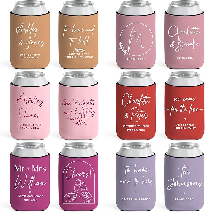 100 pcs Personalized Can Sleeves for Wedding & Party Favors – Custom Drink Holders for Anniversary, Engagement, Bridal Showers – Bulk Gifts for Guests, Fits 12-16oz Cans & Bottles (100, Slim)