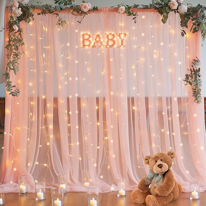 20x8ft Peach Tulle Backdrop Curtain with Lights String for Parites, Sheer Photo Backdrop Curtains with Lights for Wedding Backdrop Ceremony Reception Bridal Shower Baby Shower Birthday Party