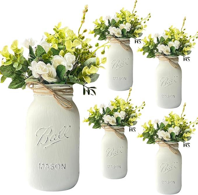 Wedding Centerpieces for Tables - White Mason Jars for Centerpieces for Table, Set of 5-32 oz Hand-Painted Mason Jars for Wedding, Baby Shower, Bridal Shower Centerpieces (5 White w/Greenery/Ivory)