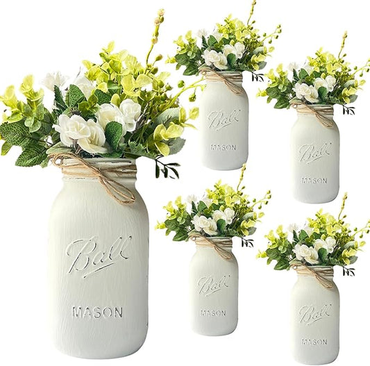 Wedding Centerpieces for Tables - White Mason Jars for Centerpieces for Table, Set of 5-32 oz Hand-Painted Mason Jars for Wedding, Baby Shower, Bridal Shower Centerpieces (5 White w/Greenery/Ivory)