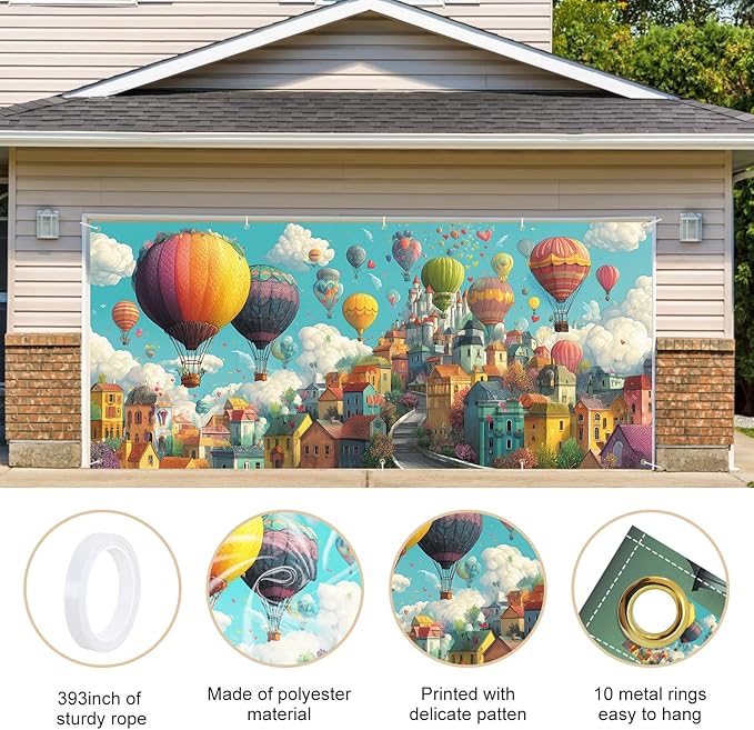 Hot Air Balloon Fantasy Garage Door Banner 7x16FT, Colorful Balloon & Sky City Garage Door Cover, Vibrant Outdoor Decoration for Spring & Summer