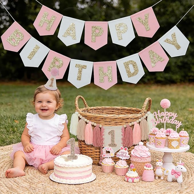 Pink Felt Happy Birthday High Chair Banner Pre-Strung Birthday Hanging Decoration For Baby Girl 1st Birthday Party Decorations