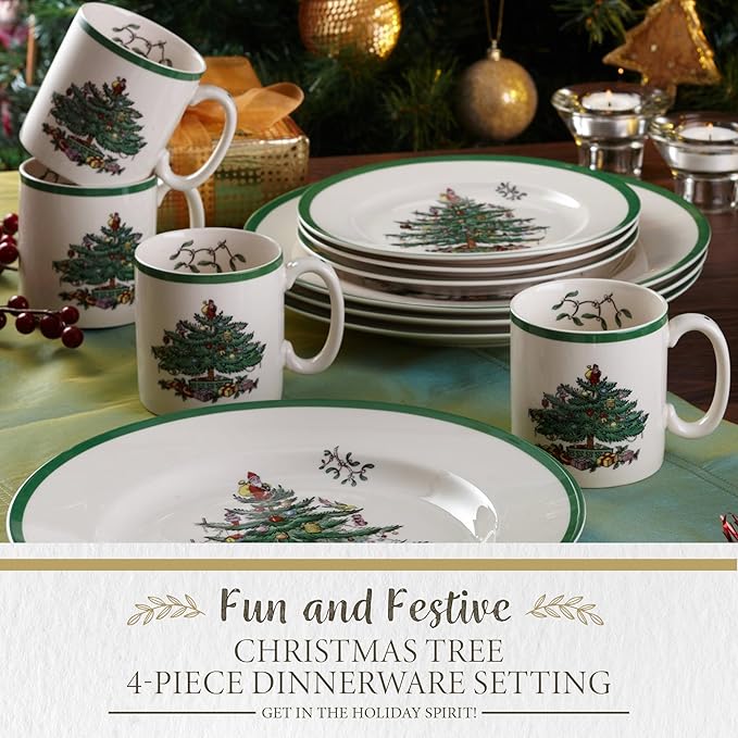 Spode Christmas Tree 4-Piece Dinnerware Setting - Fine Earthenware Holiday Tableware - Dishwasher & Microwave Safe, Festive Christmas Plates, Bowls, Mug - Holiday Dining Essentials