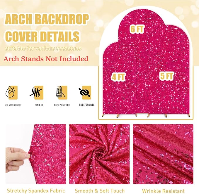 FUHSY Hot Pink Arch Cover Set of 3 Sequin Arch Backdrop Cover 6ft 5ft 4ft Sparkly Wedding Arch Covers Chiara Backdrop Stand Cover Arch Stand Cover for Balloon Birthday Party Baby Shower Decorations