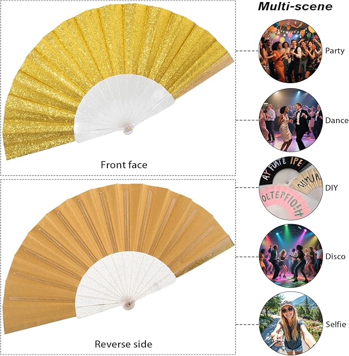 48 Pack Handheld Fan,Folding Hand Glitter fan with Shining Transparent Fan Rib – Ideal for Wedding, Church, Festival, Dance, Tea Party, Club, and EDM Accessories, Yellow