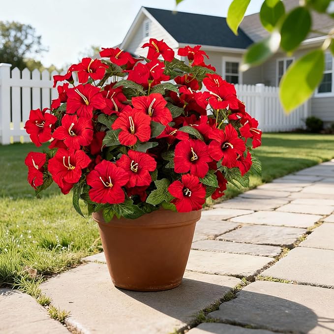 19 Inch Artificial Fake Flowers for Outdoor,4 Pcs Faux Silk Petunias Spring Flowers for Outside for Indoor Porch Planter Front Door Garden Patio Window Box Home Decor(Red)