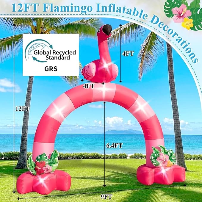Eyourlife 12FT Pink Flamingo Inflatable Arch,Giant Blow-Up Flamingo Outdoor Decor with Built-in 6 LED Lights and 1Blower for Summer Yard Garden Birthday Luau Beach Party Take Photos