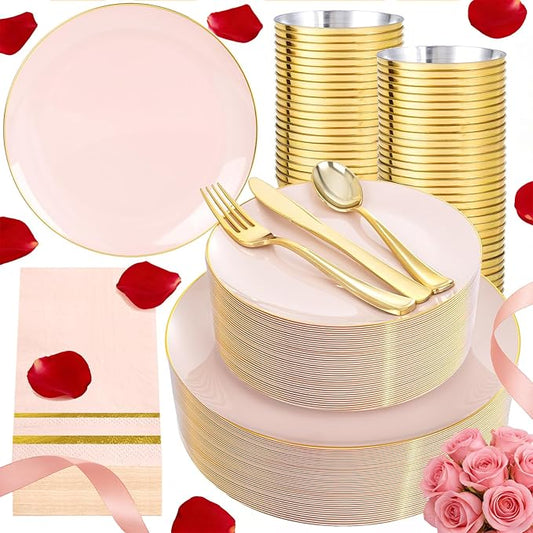 NOCCUR 350PCS Pink Plates Disposable - Pink Gold Plastic Dinnerware Set for 50 Guests Include 100 Dinner/Dessert Plates,150 Cutlery,50 Cups&50 Napkins - Ideal for Party/Wedding/Valentines Day