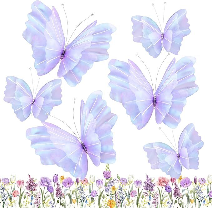 Geelin 6 Pcs Large Purple Butterfly Decorations Mariposas Grandes para Decoracion Big Butterfly Party Decor 20 Inch 12 Inch 3D Silk Butterflies for Baby Shower Women Birthday Party Wedding Decor