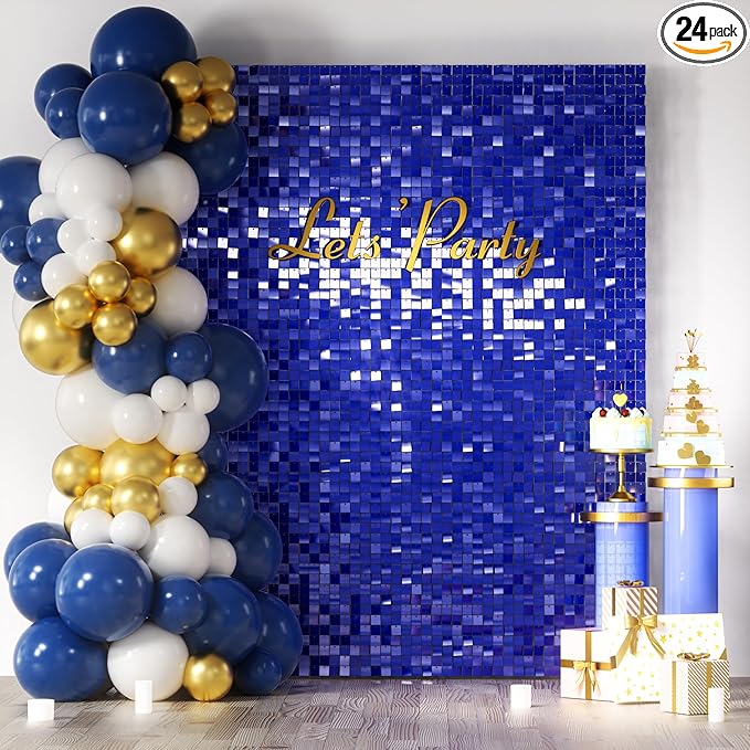 COKAOBE Blue Shimmer Wall Backdrop, 24PCS Square Sequin Shimmer Backdrop Panel, Photo Backdrops for Birthday, Anniversary, Wedding, Graduation & Bachelorette Party Decoration