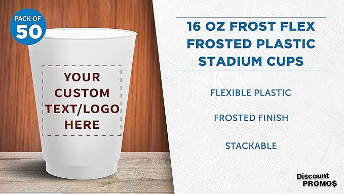 DISCOUNT PROMOS Custom Frosted Plastic Stadium Cups, 50 pack, Promotional Text, Logo, 16 oz. Shatterproof Flexible Reusable Party Cups, Natural