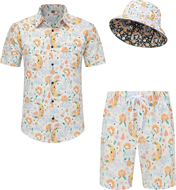 Mens Hawaiian Shirts and Shorts Set 2 Pieces Beach Outfits Sets with Bucket Hats