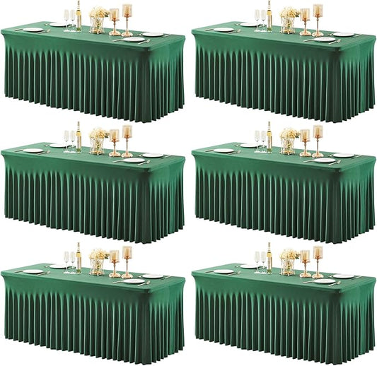 6 Packs Green Table Clothes for 6 Foot Rectangle Tables, Wrinkle Resistant Stretch Spandex Table Covers Fitted Tablecloth with Skirt for Event Banquet Wedding Birthday Party