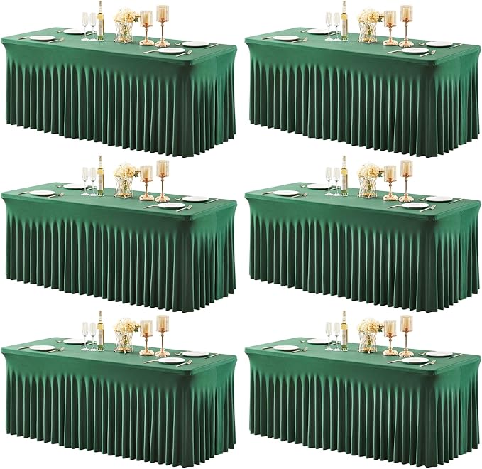6 Packs Green Table Clothes for 8 Foot Rectangle Tables, Wrinkle Resistant Stretch Spandex Table Covers Fitted Tablecloth with Skirt for Easter Event Banquet Wedding Birthday Party