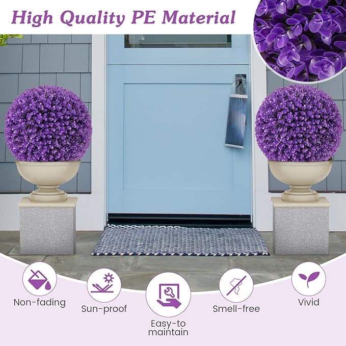 Goplus 17.5 Inch Topiary Balls Artificial Outdoor Set of 2, Faux Purple Eucalyptus Decorative Balls, Fake Plant Sphere, Round Artificial Plant Balls for Front Door, Porch, Backyard, Home Décor