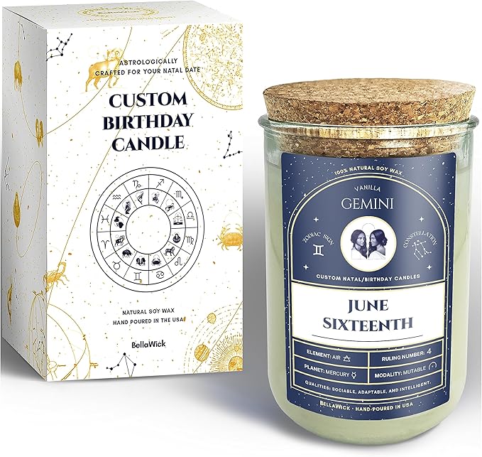 Birthday Candles - Custom Birthdate Astrological Zodiac Scented Candles. Astrology Gifts. All Natural Soy Wax. 75+ Hour Burn Time. Made in USA - June 16