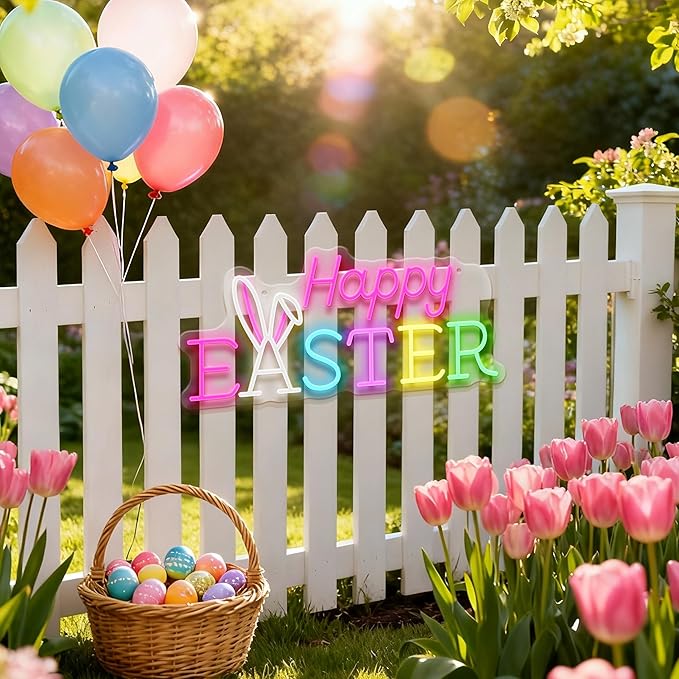 Happy Easter Neon Sign, Dimmable Led Sign Bunny Wall Decor, Easter Decorations for Home Window Living Room Party Spring Décor