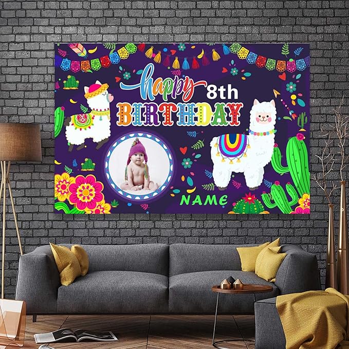Custom Llama Cactus Happy Birthday Party Decorations Supplies Personalized Mexican Llama Cactus Birthday Backdrop Banner(6x9ft)
