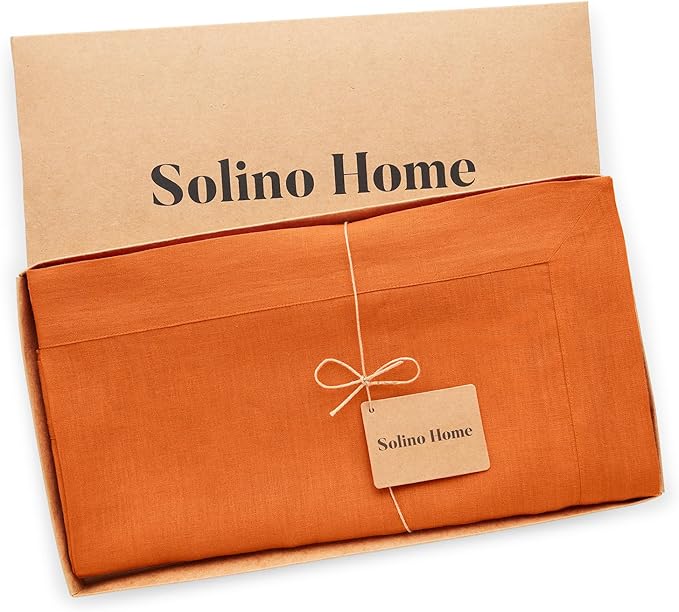Solino Home Linen Tablecloth 60 x 120 Inch - 100% Pure Linen Persimmon Orange Table Cloth for Rectangle Tables - Fete, Machine Washable Tablecloth for Spring, Easter