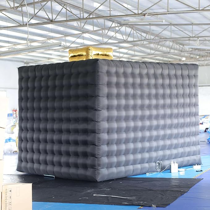 SAYOK Inflatable Photo Booth with Lights, Portable Camera Shaped Cube Tent with Blower, 11.5x9.2x8.2ft (Black&Gold Exterior/White Interior), Backdrop for Wedding Events, Parties, Exhibitions