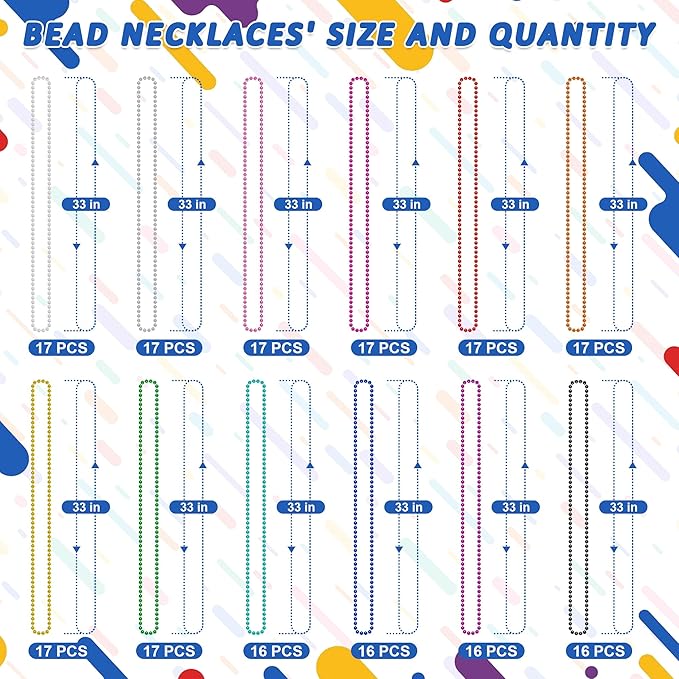 200PCS Mardi Gras Beads, 33" Bead Necklace, Colorful Mardi Gras Accessories, Women Men Party Beads Parade Throws Bulk for Christmas Pirate Baby Shower Carnival Birthday Party Supplies Decor