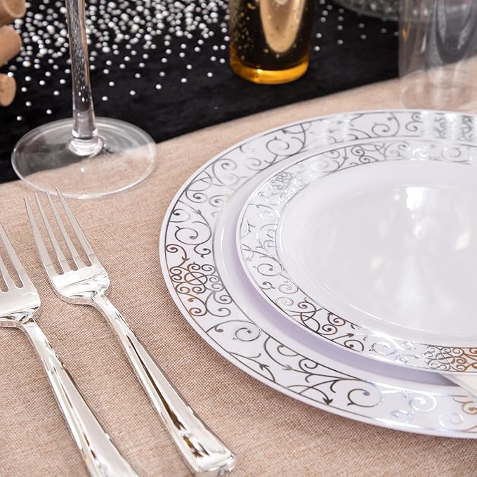 LIYH 700 Pcs Silver Plastic Disposable Dinnerware Set for 100 Guests - Plastic Plates for Party Includes Disposable Plates, Cups, Wedding Napkins and Cutlery Elegant White & Silver