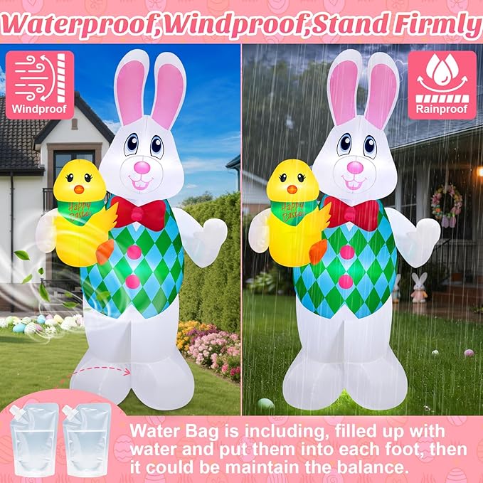 Danxilu 5 Foot Easter Inflatables Outdoor Decorations, Cute Blow Up Bunny Holding Chick for Outside, Built in LEDs Spring Holiday Inflatable Yard Decoration for Party Indoor Garden Lawn
