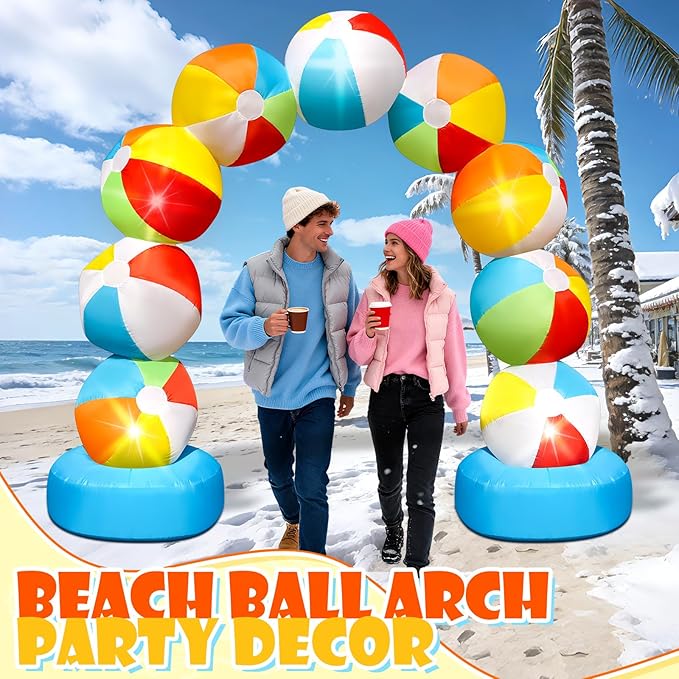8FT Winter Inflatable Beach Ball Arch Blow Up Arch Built-in 5 LED Lights for Winter Inflatables Outdoor Decorations Birthday Party Favors Spring Party Supplies for Pool Beach Yard Lawn Garden Decor