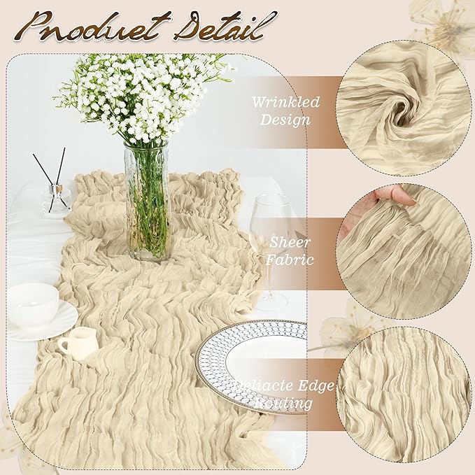 16Packs Beige Cheesecloth Table Runners – Boho Gauze Vintage Table Decor, 120 Inch Long Rustic Cheese Cloth Runner for Wedding, Bridal Shower, Birthday, Romantic Party 10Ft (Beige, 24" x 120"-16Packs)