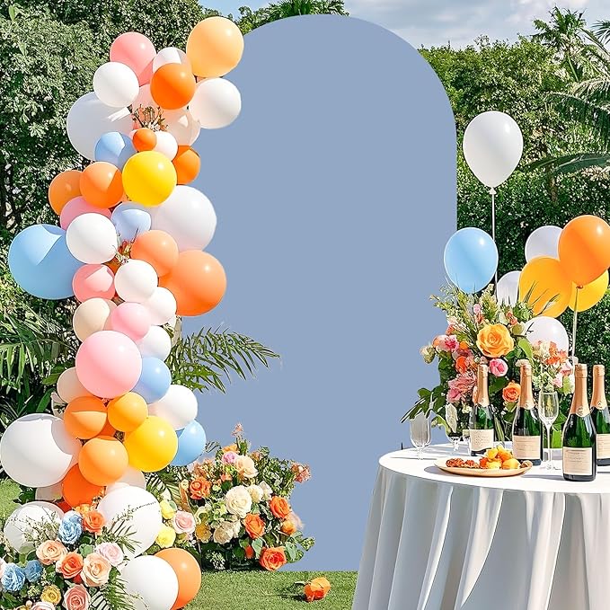 7.2FT Metal Arch Backdrop Stand with Dusty Blue Arch Cover Balloon Arched Frame Spandex Arched Backdrop Stands Cover Wedding Arch Stand and Cover Set for Bridal Baby Shower Birthday Party Prom Decor