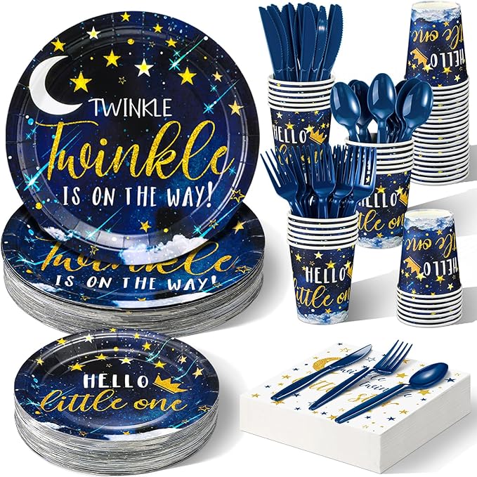 Dandat 350 Pcs Baby Shower Plates Set Baby Shower Party Supplies Serves 50 Tableware Sets Include Plates Napkin Cup Forks Knives Spoons Disposable Dinnerware(Twinkle Twinkle Little Star,Navy blue)