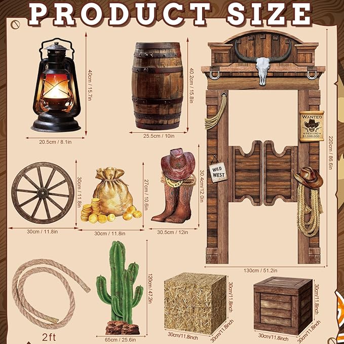 15 Pcs Western Cowboy Party Decorations Cowboy Backdrop 4 Hay Bales Boxes 2 Wooden Print Boxes 2 Wooden Wagon Wheels 5 Western Centerpieces for Photo Booth Props Cowgirl Birthday
