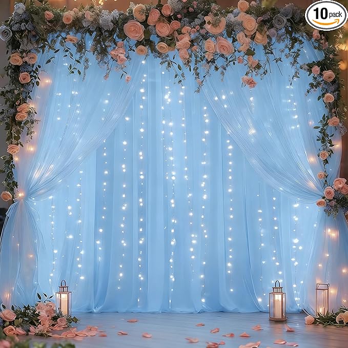 20x10ft Baby Blue Tulle Backdrop Curtain with Lights String for Parites, Sheer Photo Backdrop Curtains with Lights for Wedding Backdrop Ceremony Reception Bridal Shower Baby Shower Birthday Party
