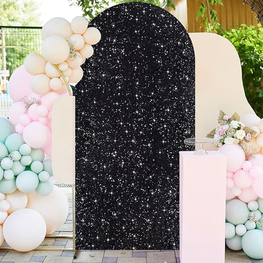 FUHSY 7.2FT Black Arch Cover Sequin Arch Stand Covers Sparkly Wedding Arch Backdrop Stand Cover Spandex Backdrop Covers for Arched Stand Chiara Arches Covers Fabric for Birthday Party Halloween