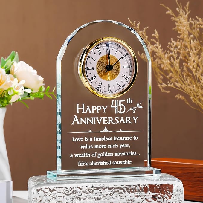 YWHL 45th Wedding Anniversary Quartz Clock Gift for Parents, 45 Year Anniversary Romantic Gifts for Couples, Happy 45th Anniversary Glass Keepsakes Decorations (Battery not Included)
