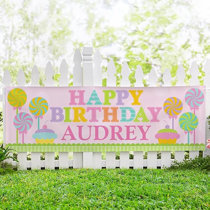 Let's Make Memories Personalized Pink Happy Birthday Banner for Kids - Custom Birthday Party Decorations - Indoor/Outdoor Vinyl - Any Name - Sweets Design - 8ft