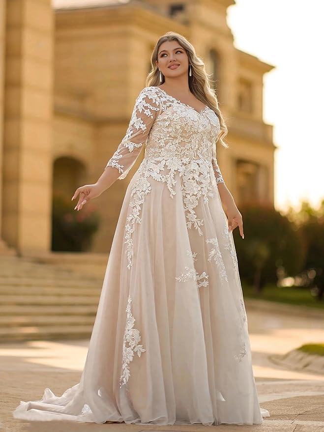 Plus Size Wedding Dresses for Bride Long Sleeve Wedding Bridal Gowns with Lace Appliques Off Shoulder Bride Dress