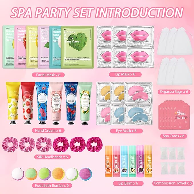 60PCS Spa Party Supplies for Girls, Include Facial Masks, Lip Mask, Under Eye Patches, Lip Balm, Foot Bath Bombs, Hand Cream, Compressed Towel, Hair Band, Sleepover Party Supplies for Girls