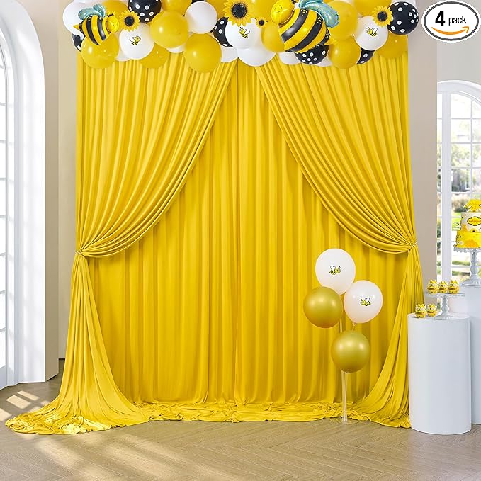 20×10 ft Yellow Wrinkle Free Backdrop Curtain for Party, 4 Panels 5×10ft Soft Silky Polyester Photo Backdrop Drapes Curtains for Wedding Birthday Themed Parties Baby Shower Photography Backgrounds