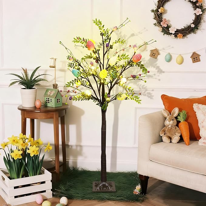 DR.DUDU 4FT Lighted Easter Tree with Timer, Pre-Lit Artificial Egg Trees with Colorful Eggs & LED Lights, Easter Decorations for Home Indoor Outdoor, Spring Decor for Porch, Office