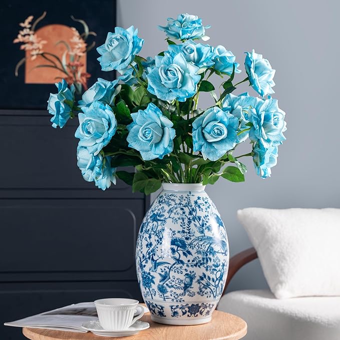 Artificial Flowers 23.2In Artificial Roses 20PCS Fake Roses Long Stem Artificial Flowers for Tall Vase Silk Rose Spring Suitable for Indoor Wedding Party Decor Valentine's Day DIY Bouquet,Blue