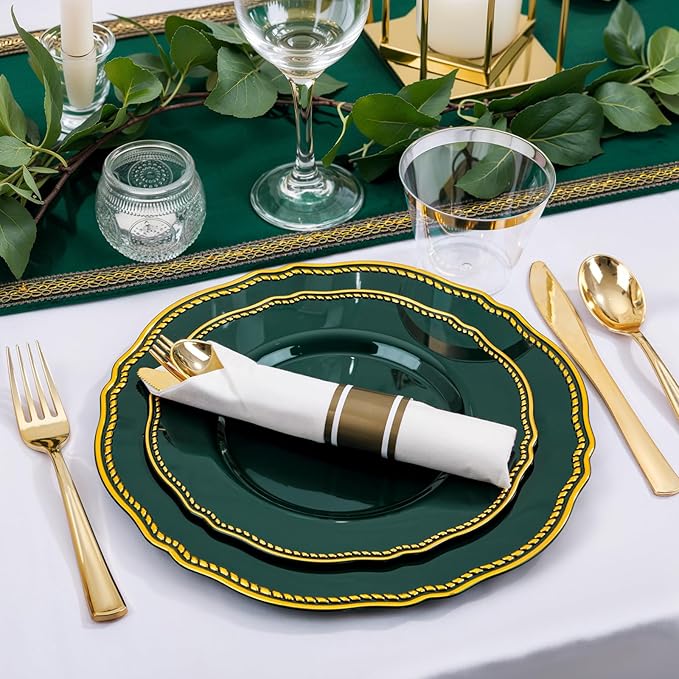 Hioasis 175pcs Green Gold Plastic Plates - Gold Plastic Dinnerware Set Includes 25 Dinner Plates, 25 Dessert Plates, 25 Gold Utensils, 25 Napkins Perfect for Wedding & Party