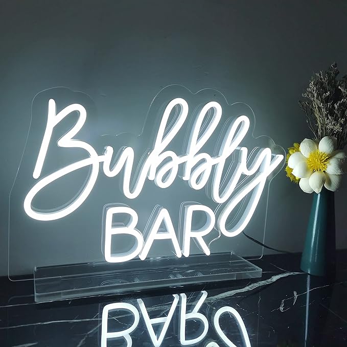 Bubbly Bar Neon Sign Tabletop, Handmade White Wedding LED Neon Light with Stand for Wedding Engagement Event Party Baby Bridal Shower Home Champagne Mimosa Bar Reception Table Sign - 15''