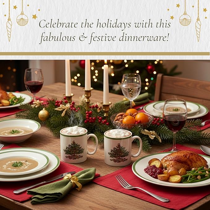 Spode Christmas Tree 4-Piece Dinnerware Setting - Fine Earthenware Holiday Tableware - Dishwasher & Microwave Safe, Festive Christmas Plates, Bowls, Mug - Holiday Dining Essentials