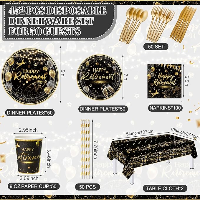 452 Pcs Party Supplies Serve 50 Guests, Paper Plates Napkins Cups Cutlery Plastic Tablecloth Dinnerware for Birthday Wedding Party Decoration(Black Gold,Happy Retirement)